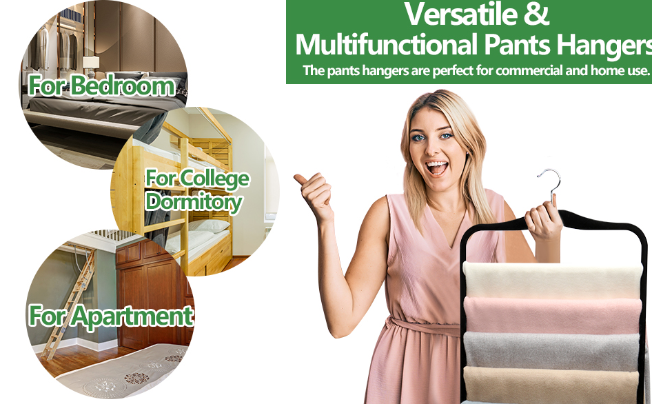 Woman holding space saving velvet pants hangers
